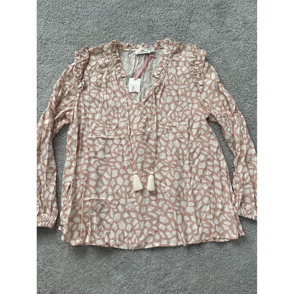 Vineyard Vines Women Tan/White Pebble Print Ruffle Tassel Blouse M NEW